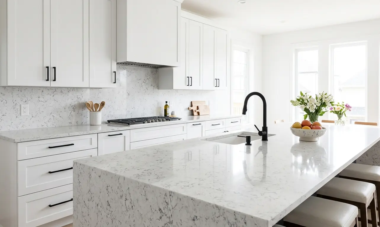 Crystal White Granite kitchen island and countertop in bright all-white contemporary kitchen design