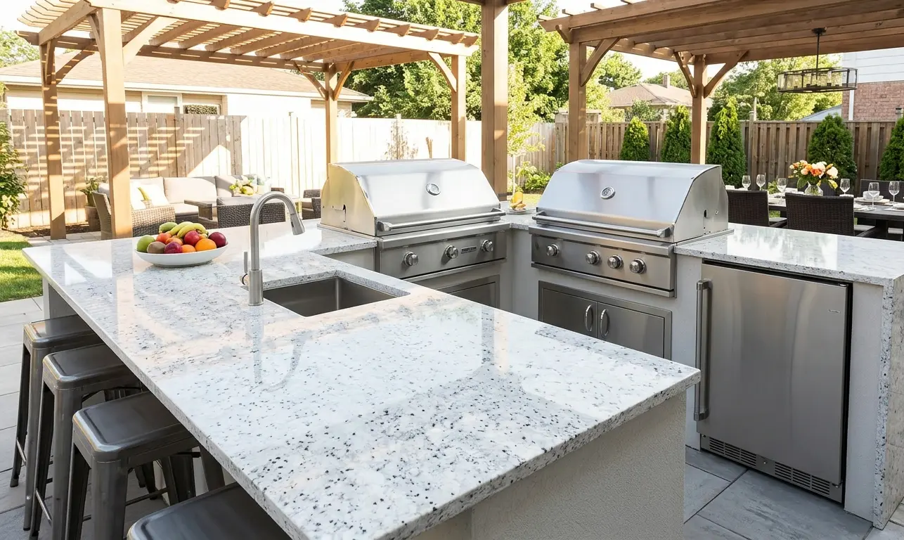 Crystal White Granite outdoor kitchen countertop in natural sunlight showing UV resistance and durability