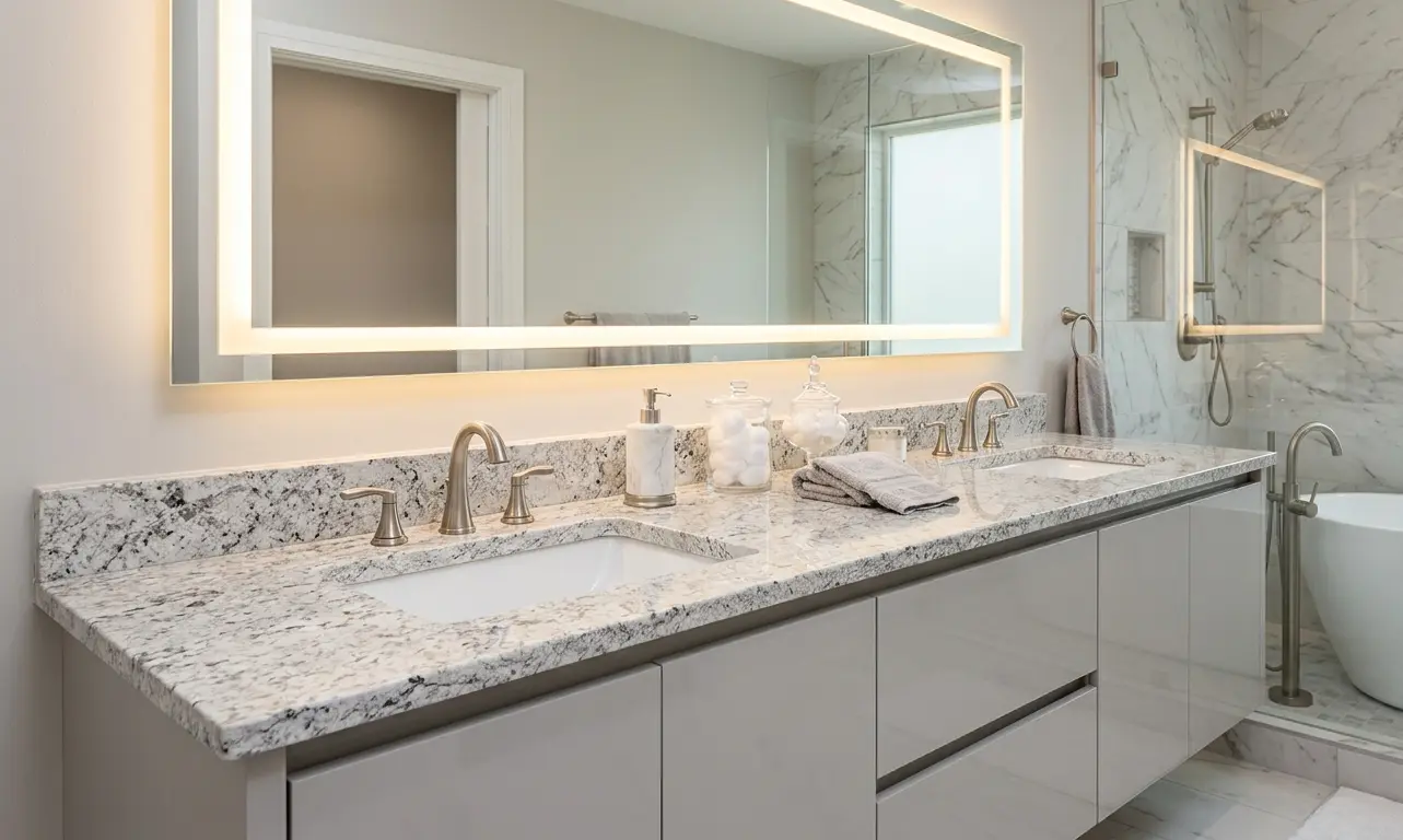Crystal White Granite polished bathroom vanity countertop in clean spa-style modern bathroom design