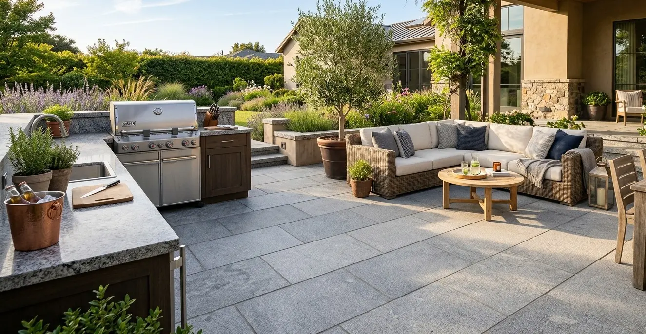 Silver gray granite patio stones in honed finish