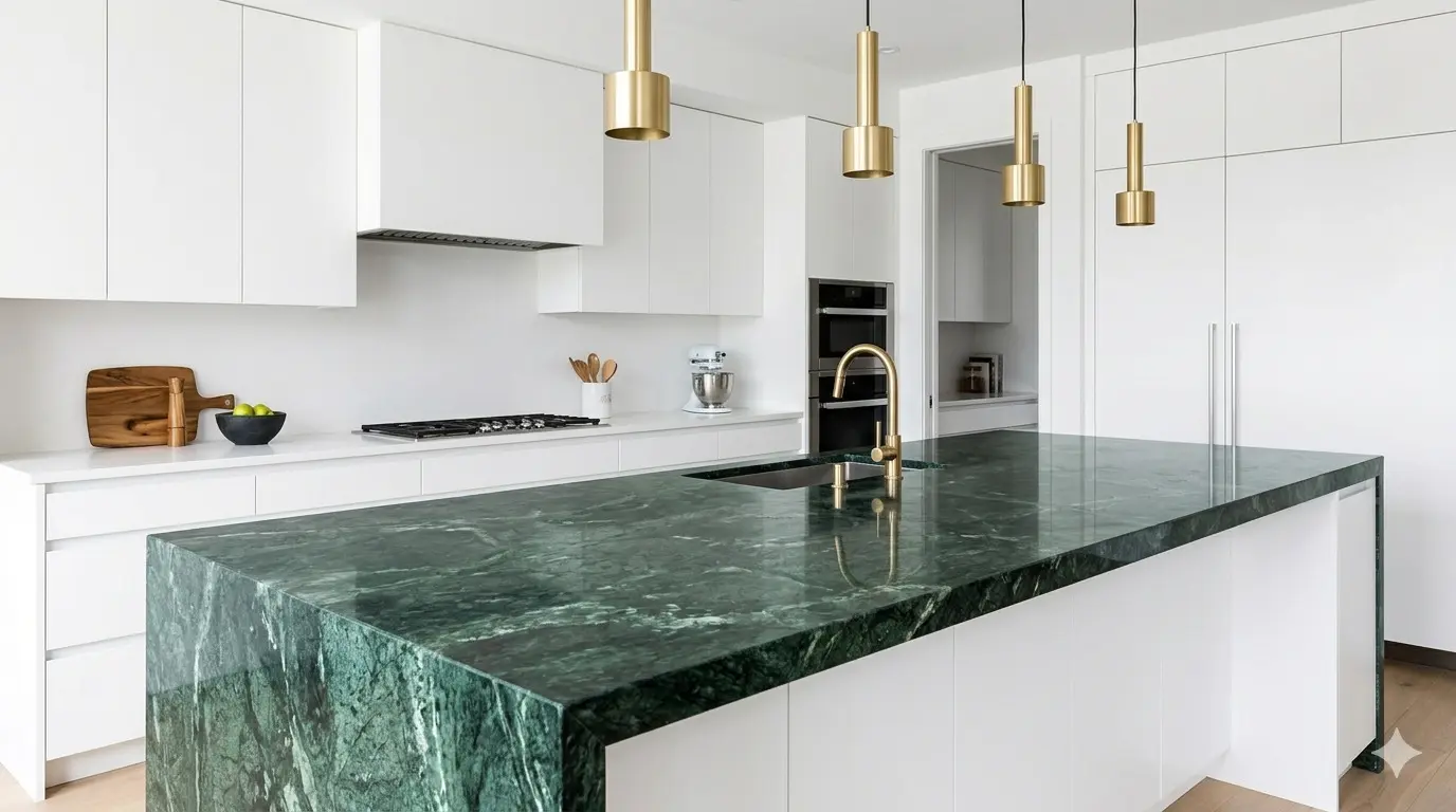 Emerald Green Granite polished kitchen island countertop with white cabinetry in modern luxury kitchen