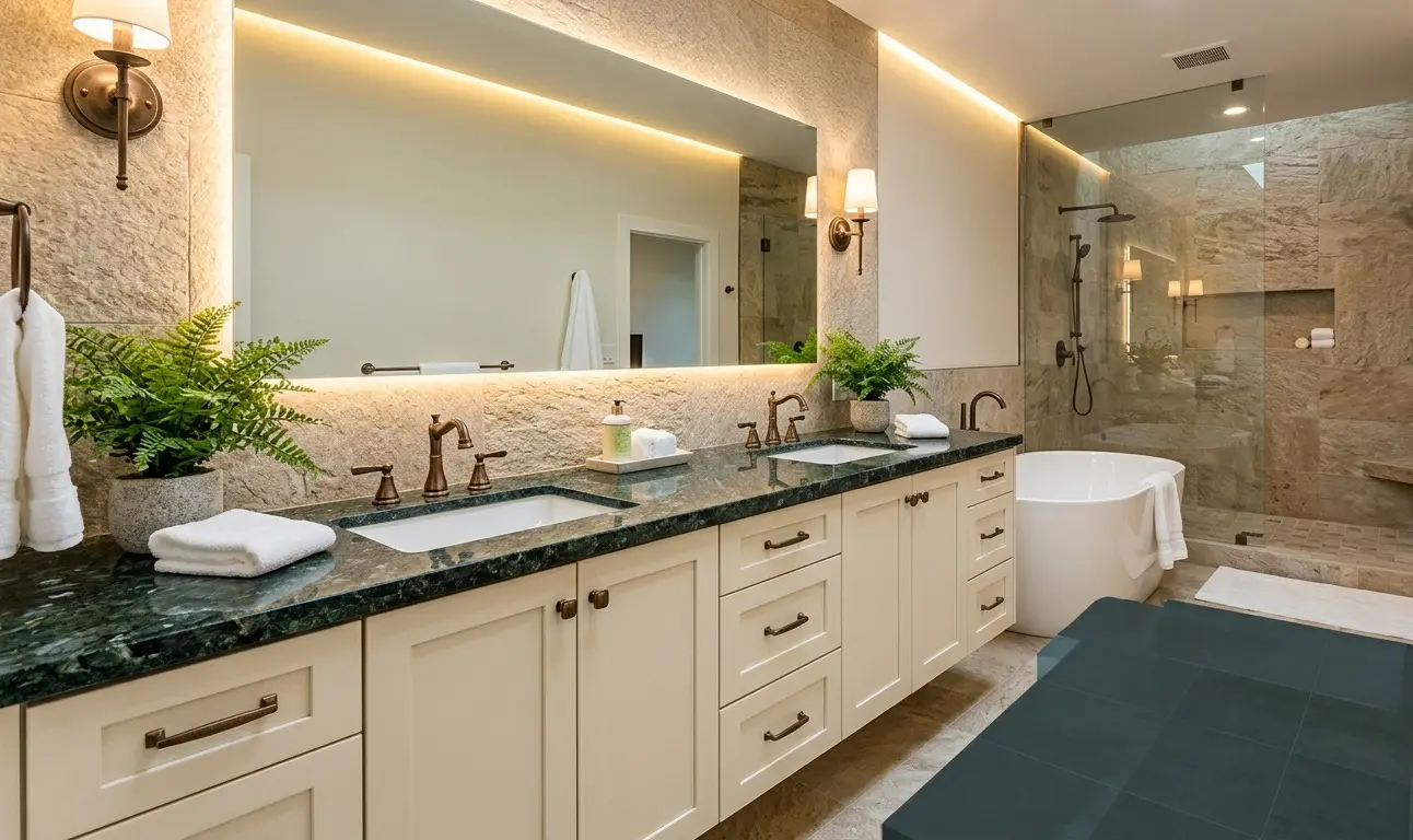 Emerald Green Granite bathroom vanity countertop with brushed gold hardware in nature-inspired spa bathroom