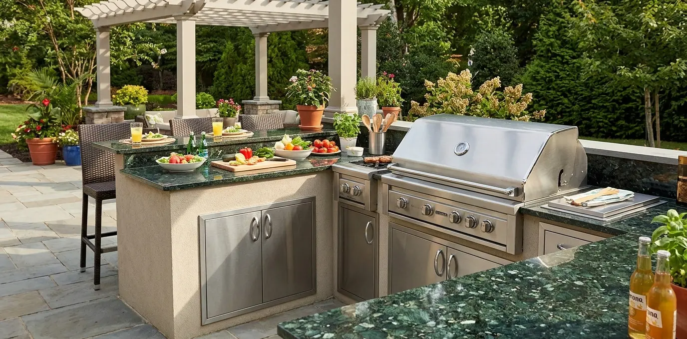 Emerald Green Granite outdoor kitchen countertop showing UV resistant natural stone in backyard kitchen