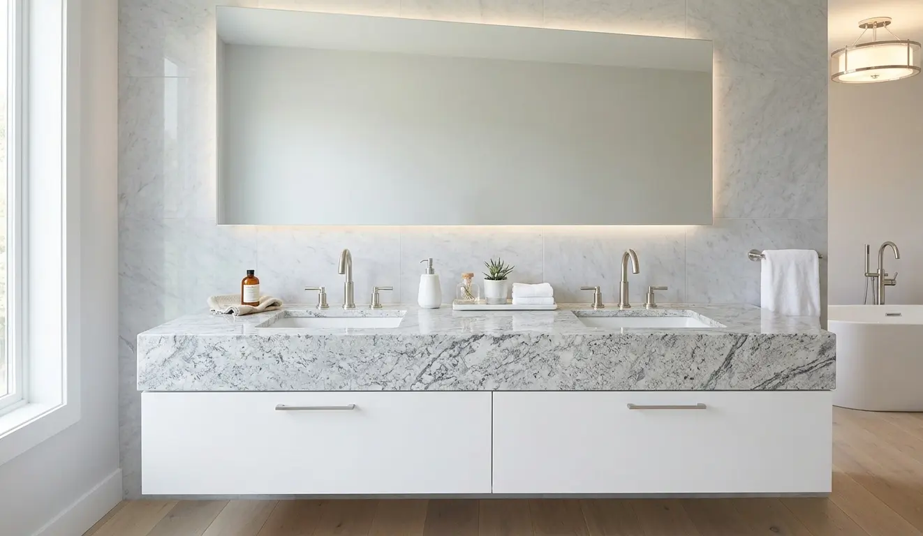 Glacier White Granite bathroom vanity countertop in clean spa-style bathroom with chrome hardware