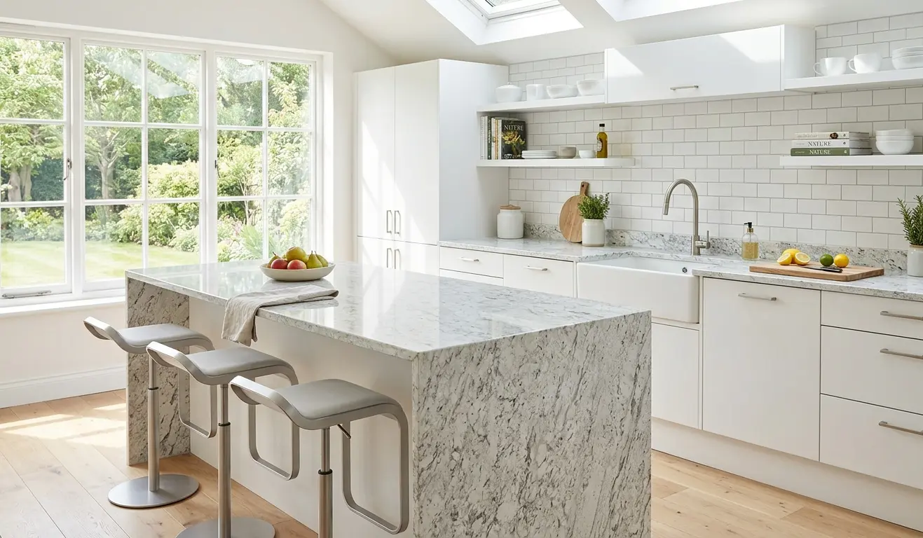 Glacier White Granite kitchen countertop with white cabinetry in bright contemporary open plan kitchen