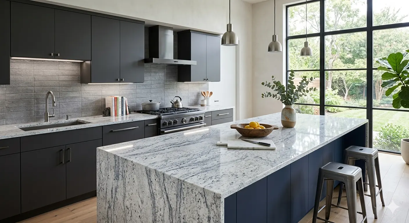 Glacier White Granite polished kitchen countertop with dark cabinetry in modern contemporary kitchen
