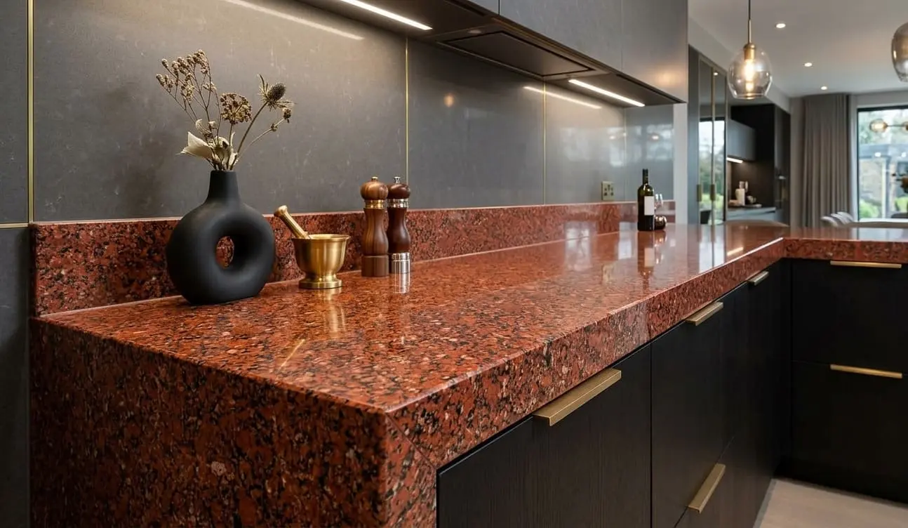 Red granite in kitchen countertop and backsplash