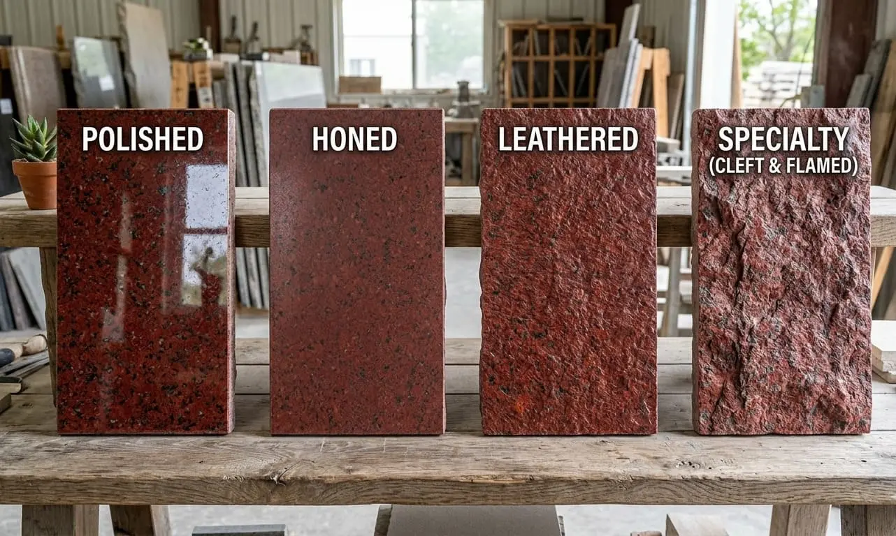 Display of Imperial Red Granite slabs at Nova Tile and Stone showroom