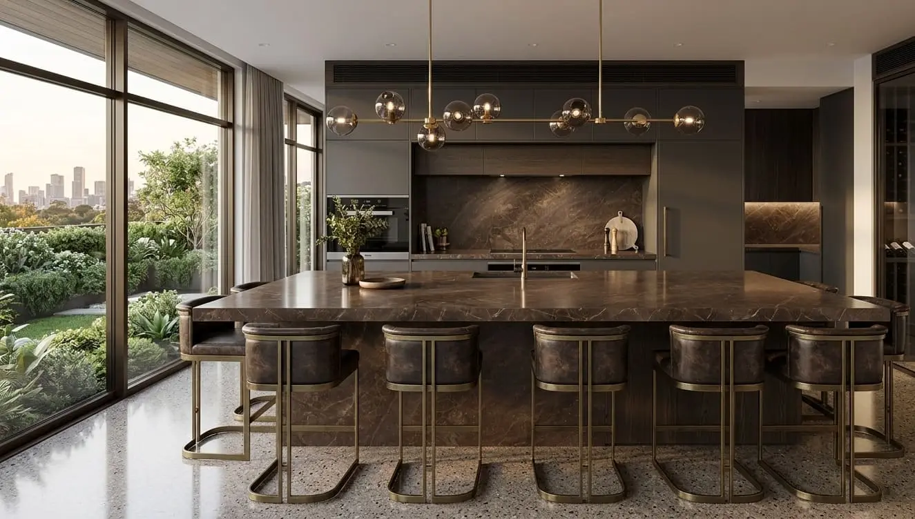Luxurious kitchen with striking brown quartzite countertops and backsplash
