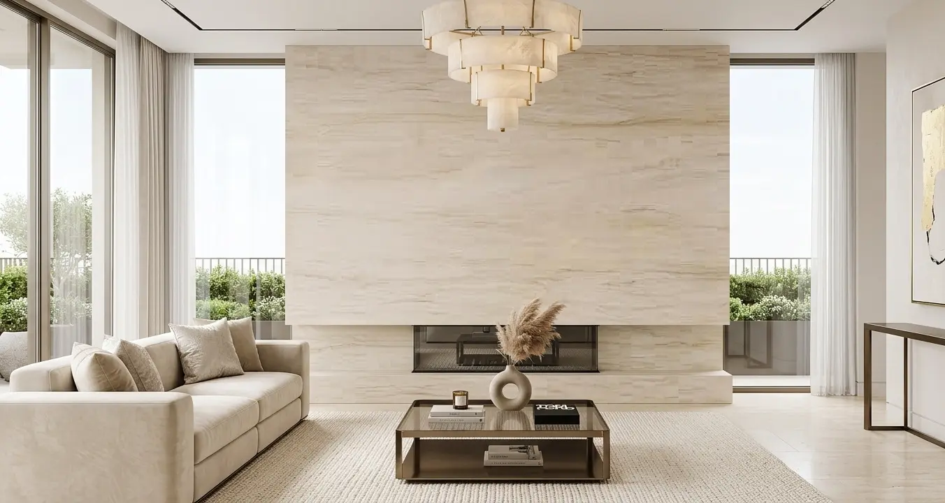 Cream quartzite feature wall in luxury living room