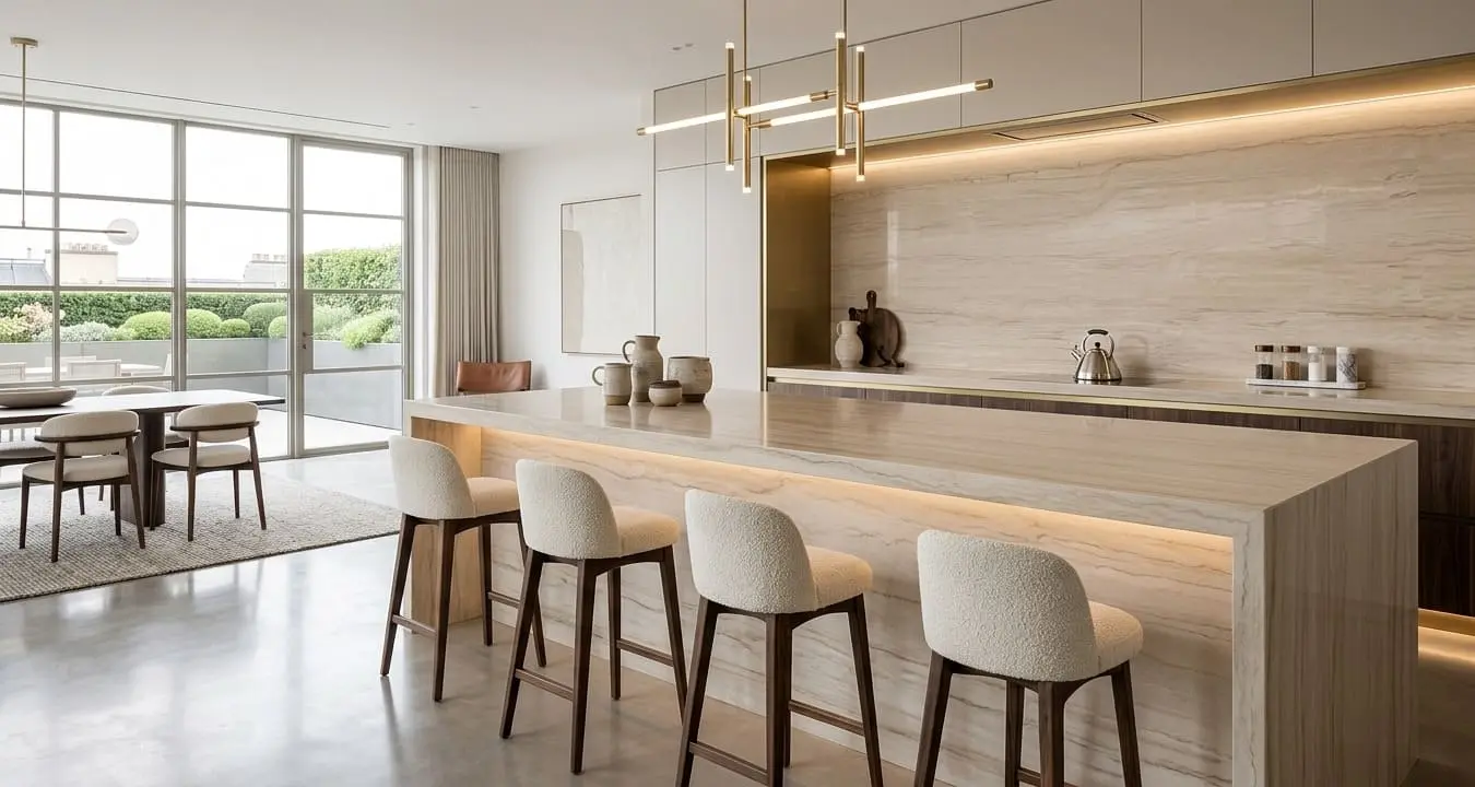 Cream quartzite in modern kitchen