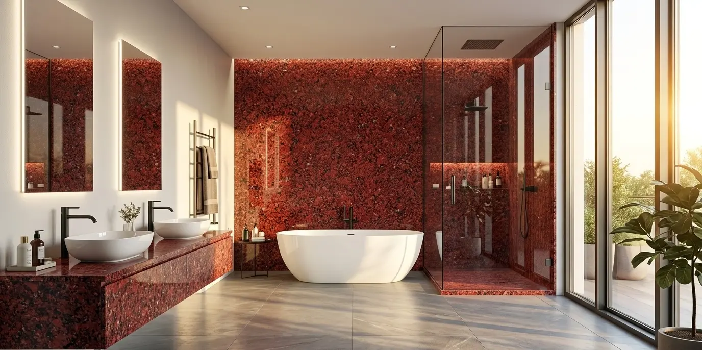 Modern bathroom featured with Ruby Red granite