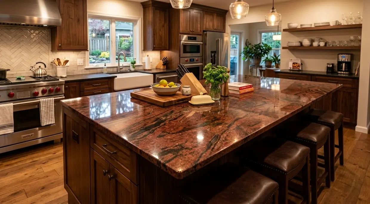 Ruby red granite polished kitchen island countertop