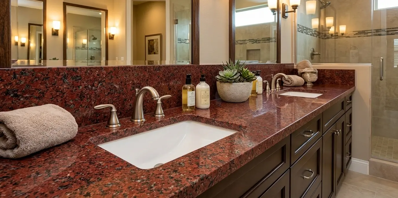 Close-up view of honed Ruby Red granite bathroom vanity
