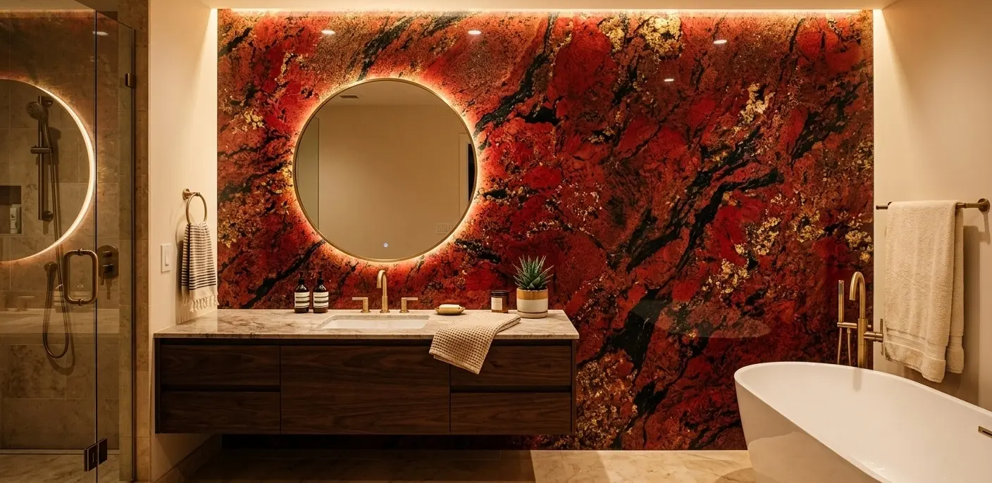 Full ruby red granite slab with vivid red, black, and gold veining pattern