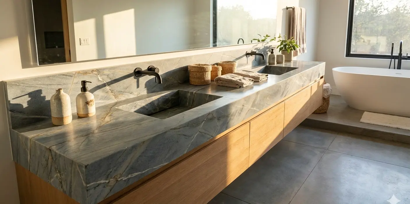 Honed blue quartzite surface with natural veining