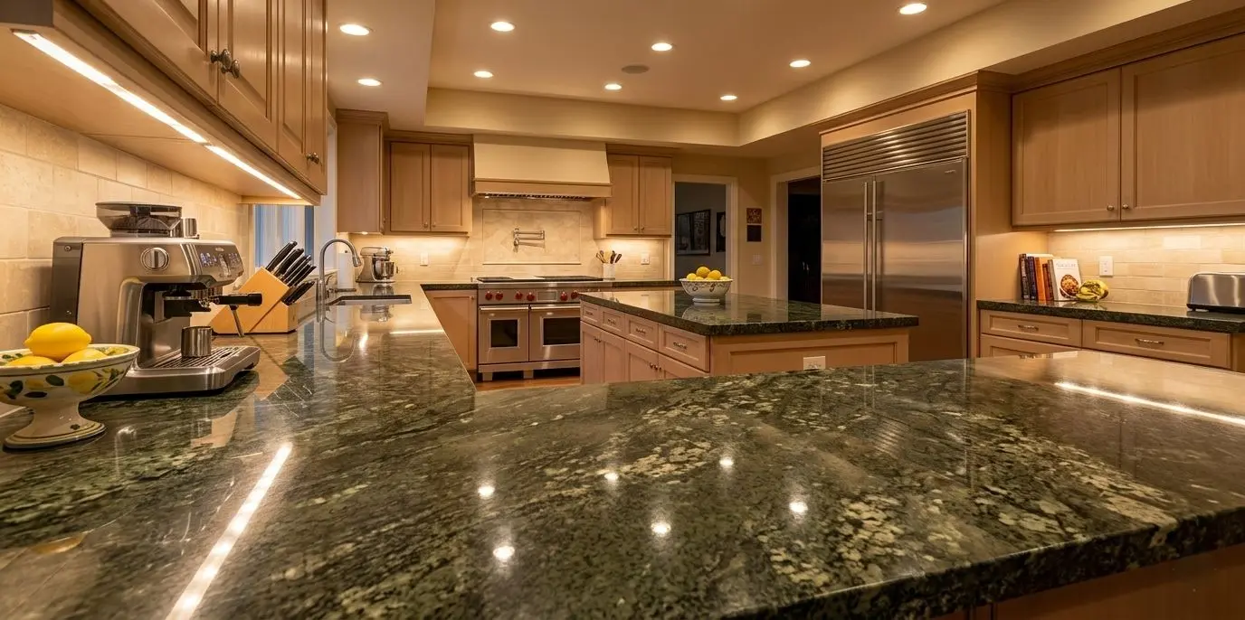 Olive green granite slab with polished finish