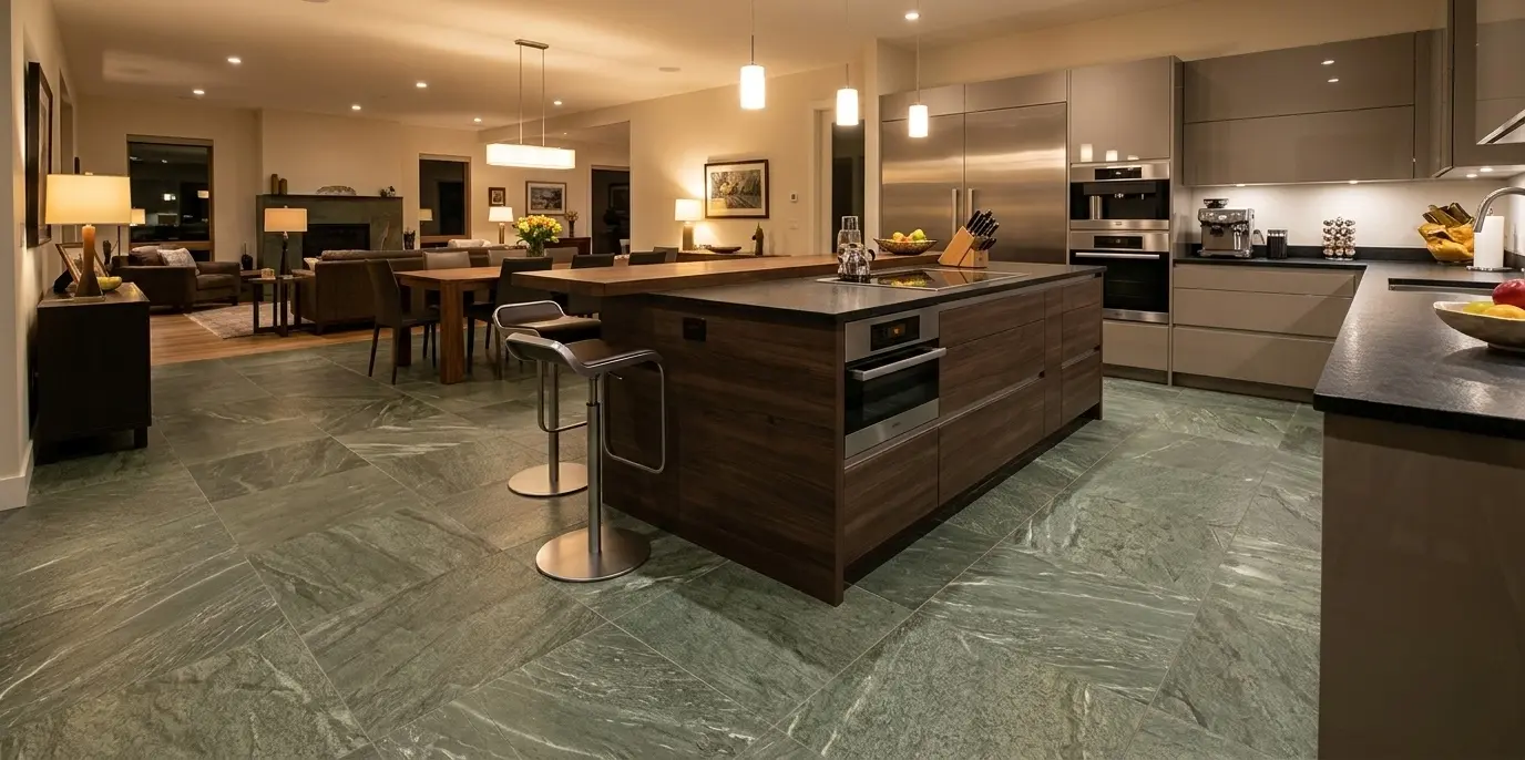 Leathered olive green granite floor tile in modern interior space