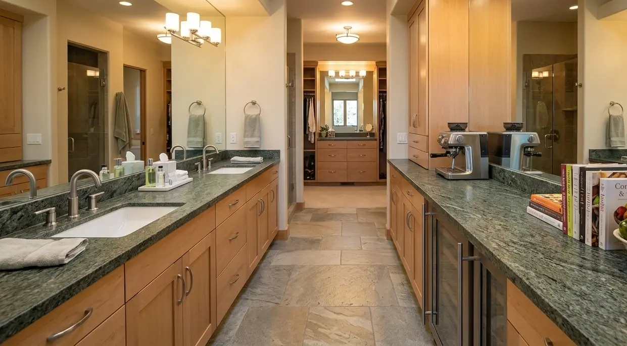 Honed olive green granite surface installed as a bathroom vanity countertop