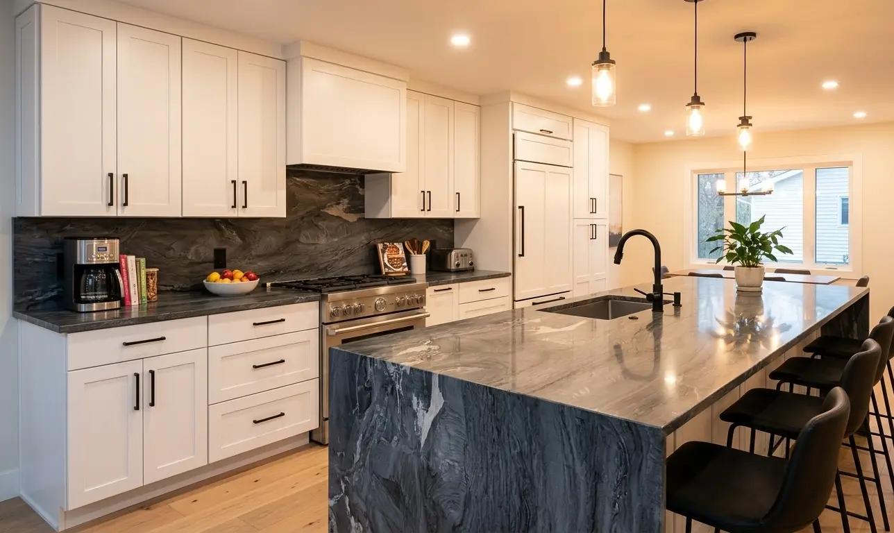 Dark gray quartzite polished slab countertop in modern kitchen