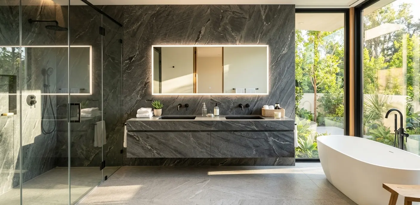Bathroom with dark gray quartzite installed