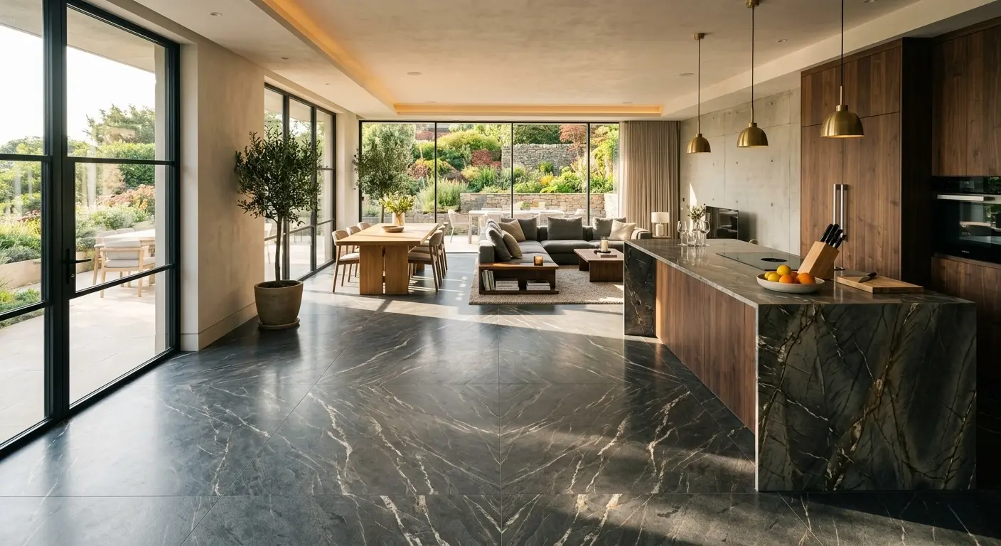 Large-format dark gray quartzite slab in flooring