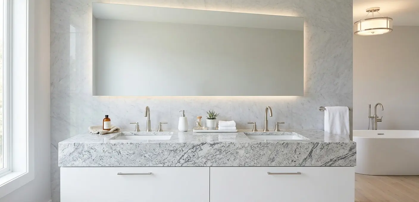 White granite vanity countertop in bathroom