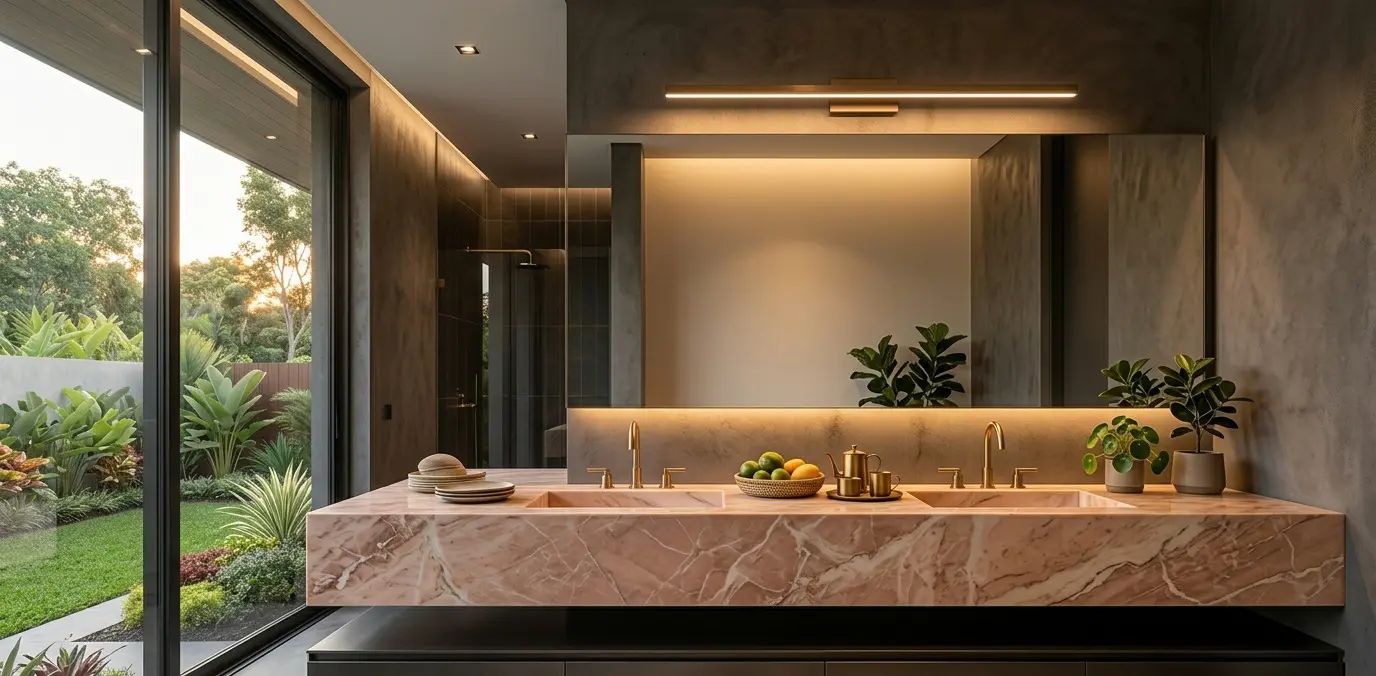 Pink marble vanity countertop in bathroom