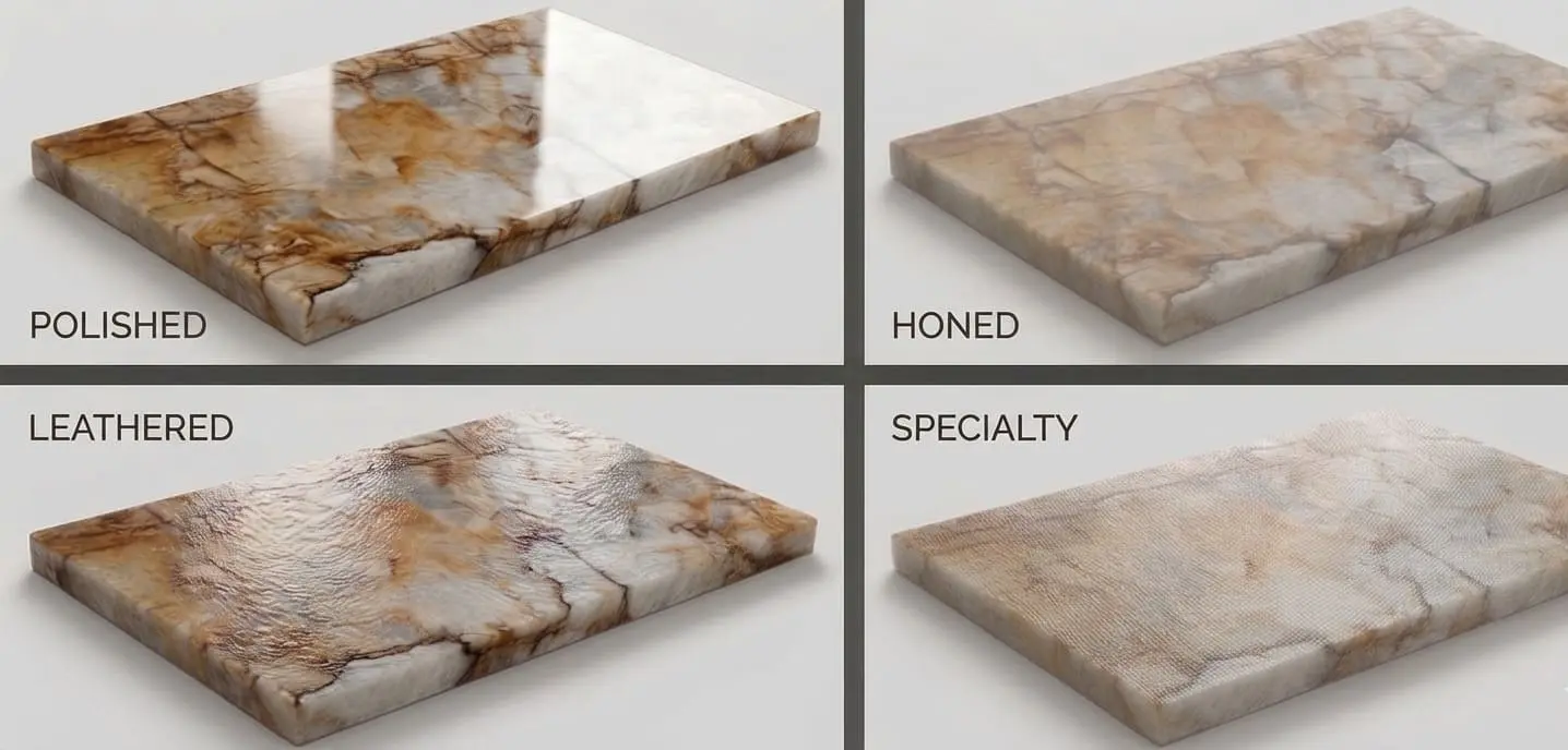 Gold quartzite slabs, displaying polished, honed, leathered, and specialty textured finishes