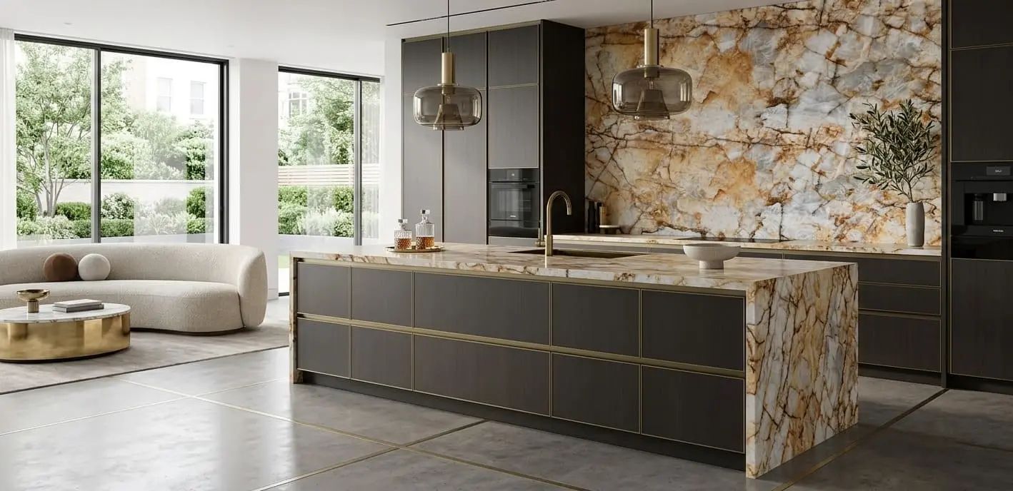 Modern kitchen with distinctive Gold quartzite island and backsplash