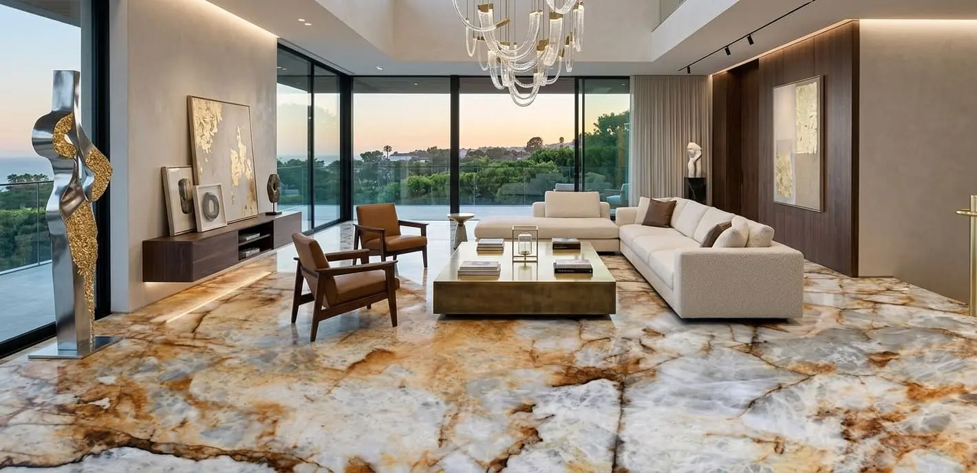 Minimalist living area with gold quartzite floor