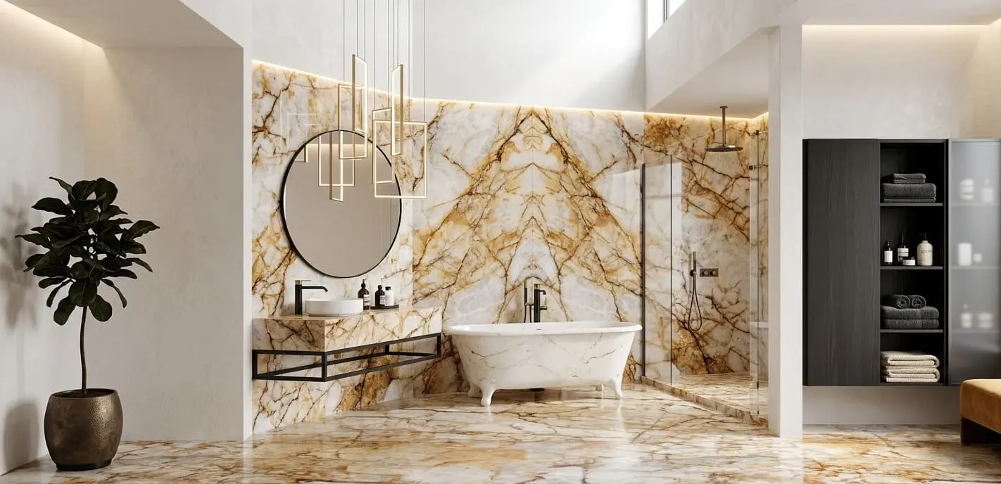 Minimalist bathroom featuring polished gold quartzite walls and floors