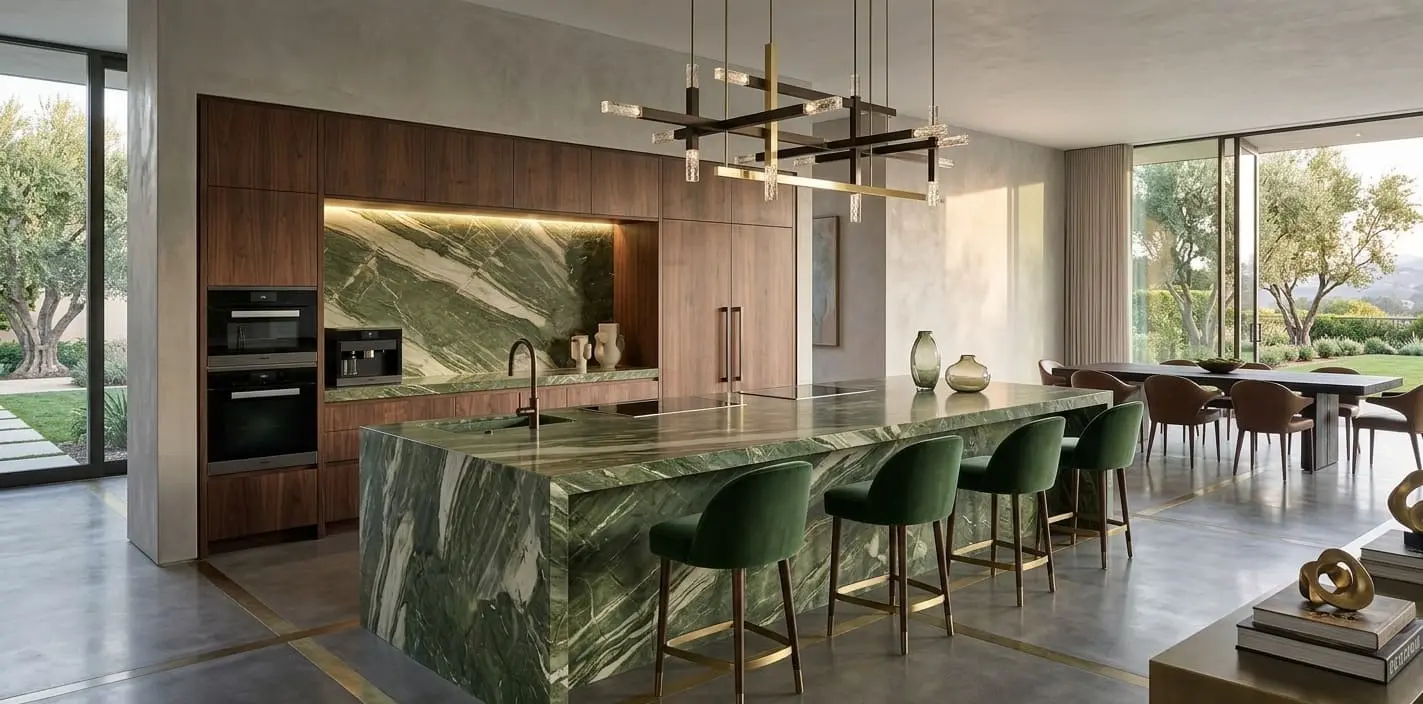 Conceptual rendering of modern kitchen featuring green quartzite waterfall island and backsplash