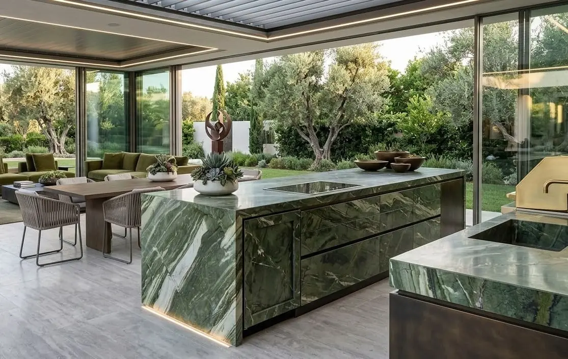 Modern kitchen with green quartzite features