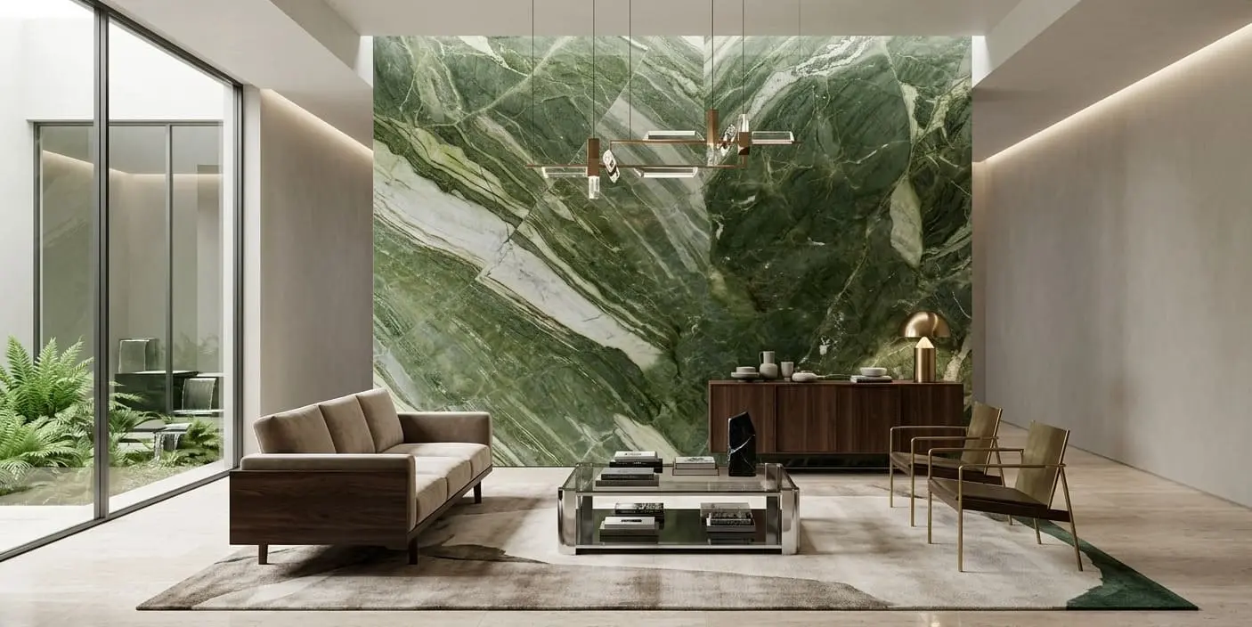 Luxury living room featuring a seamless green quartzite accent wall