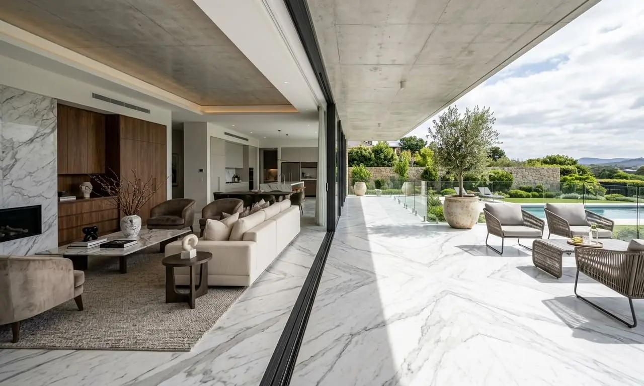 Modern luxury home, open living to marble patio with pool and garden