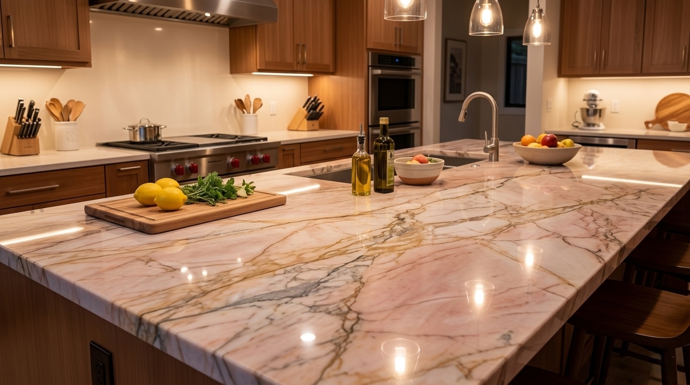 Pink quartzite polished slab close-up showing warm blush tones