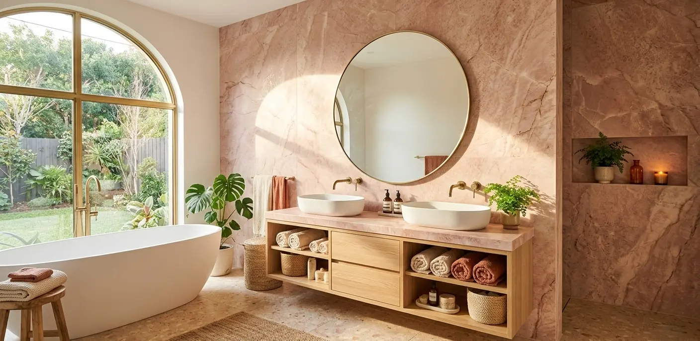 Honed pink quartzite bathroom vanity wall