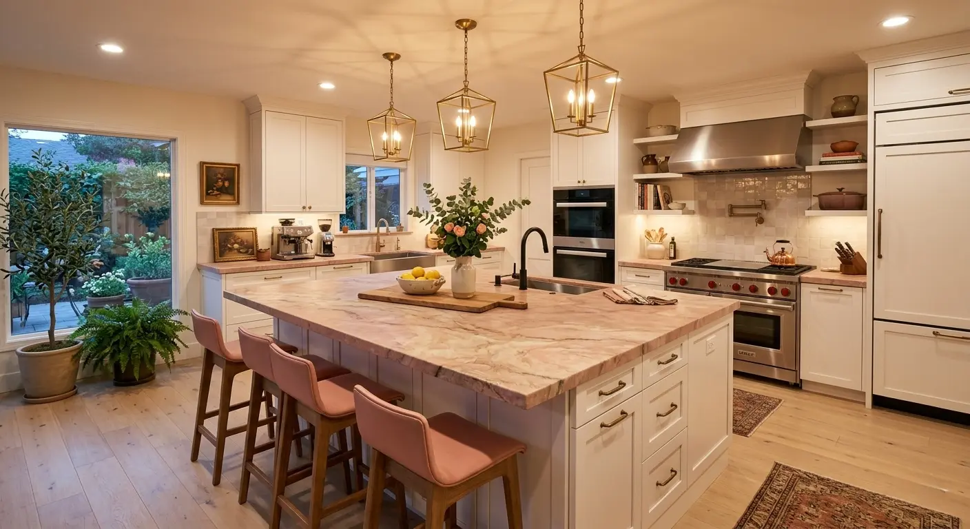 Pink quartzite countertop with leathered finish in modern kitchen