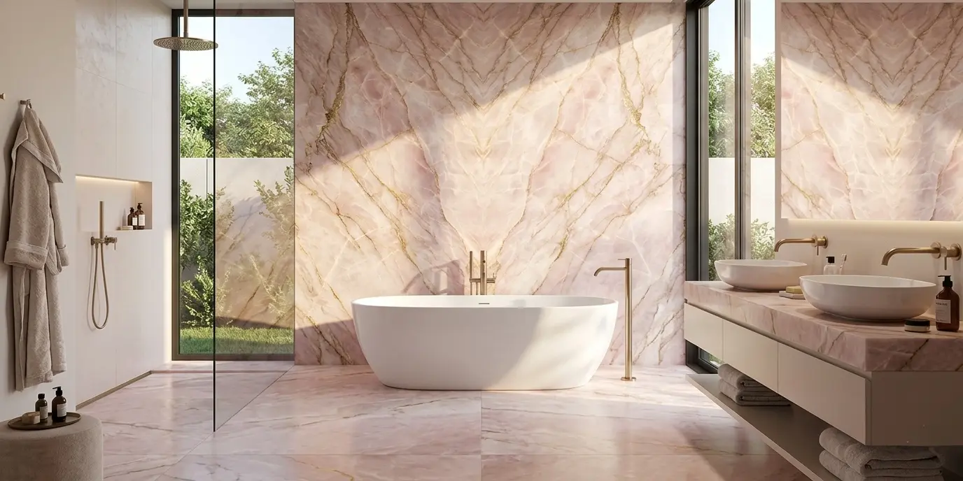 Modern bathroom with pink quartzite wall and vanity installation