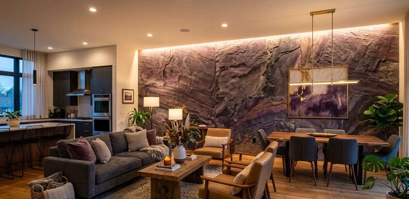 Leathered purple quartzite accent wall showing tactile surface texture