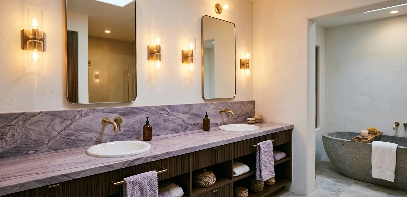 Honed purple quartzite bathroom vanity top with soft violet veining