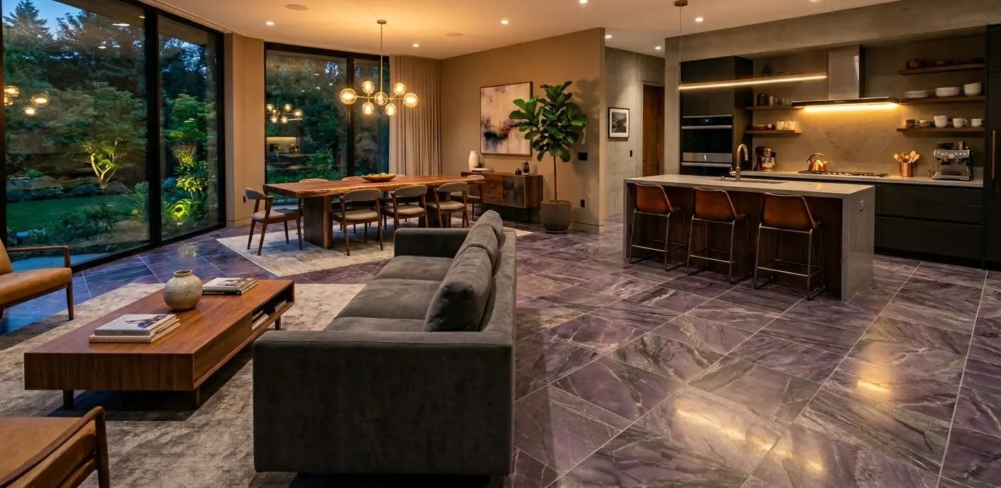 Large format purple quartzite flooring in an interior space