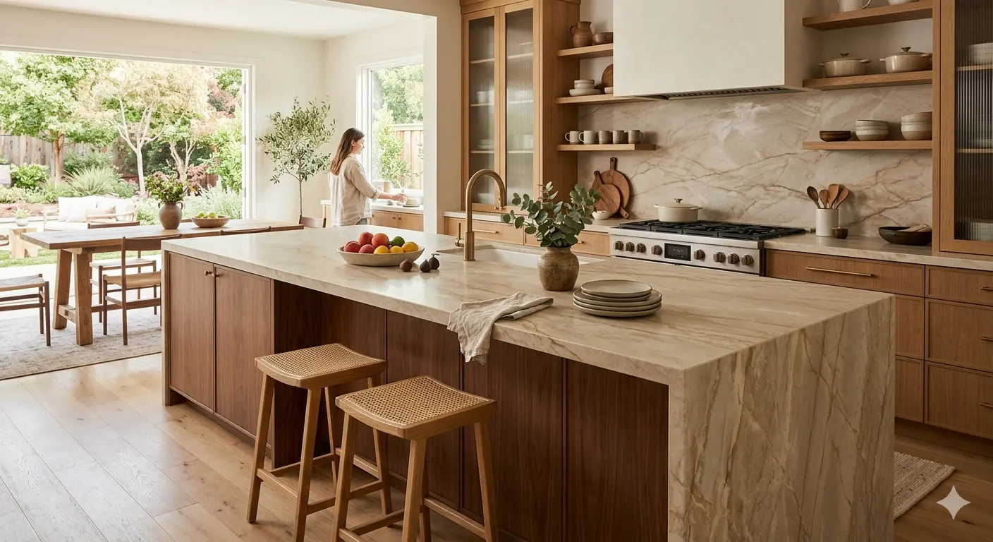 Beige Quartzite honed kitchen countertop with warm oak cabinetry in nature-forward modern kitchen