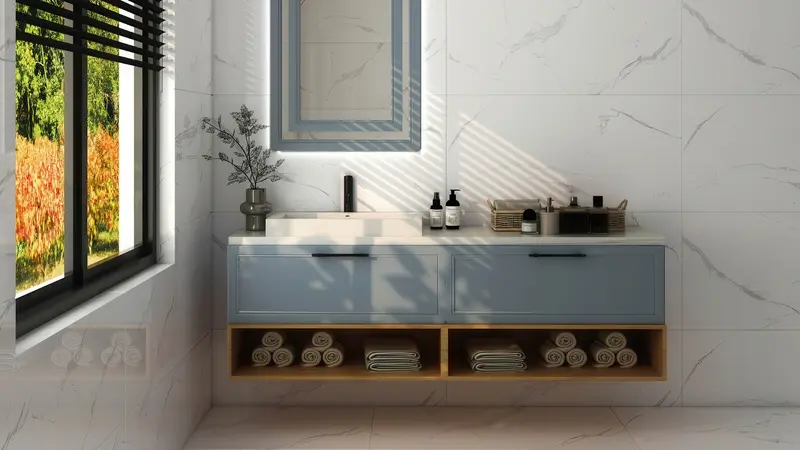 Bianco River White marble tile bathroom with floating vanity
