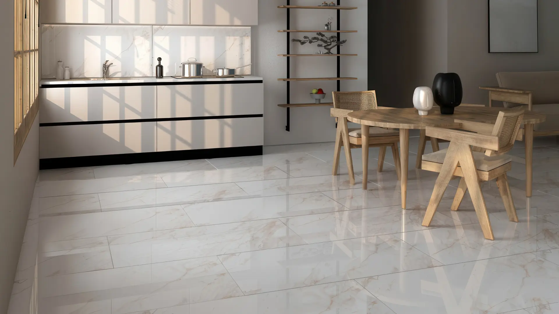 Calacatta Goldie Modern kitchen with white marble tile flooring