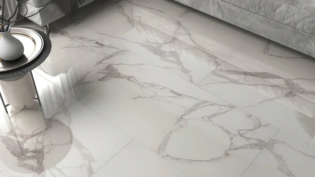 White marble tile bedroom flooring detail