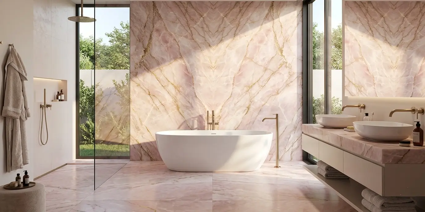 Modern bathroom with pink quartzite