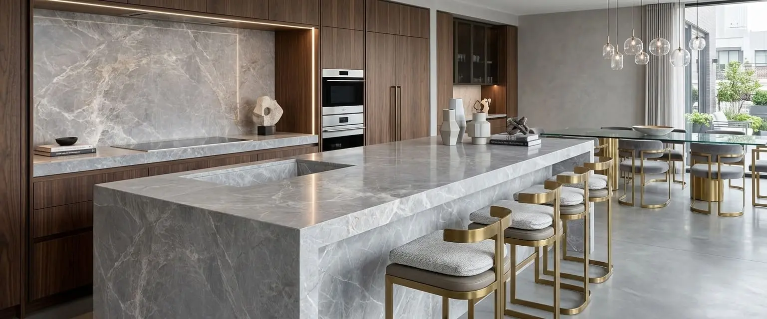 Contemporary kitchen with light gray marble countertops and backsplash