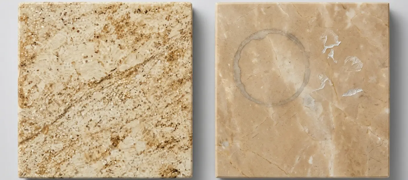 Colonial Gold Granite slab sample compared to marble showing acid resistance and surface performance